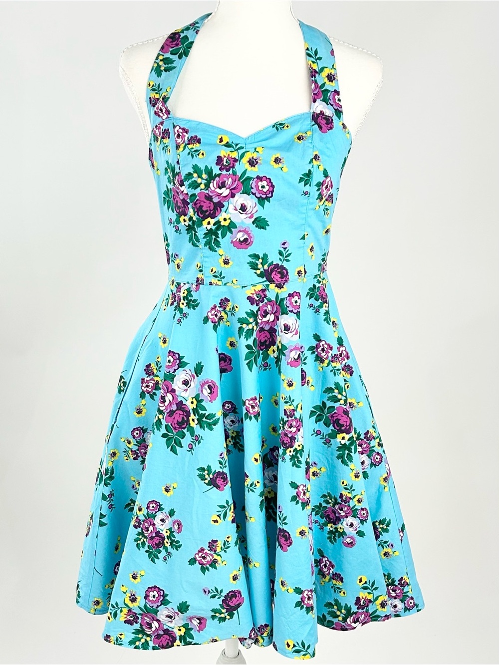 Hell Bunny Vixen May Day Turquoise Floral Halter Swing Dress Pinup SM